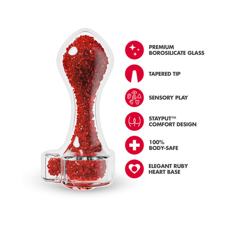 Oh My Gem Lustre Glass Anal Plug Red, premium borosilicate glass, tapered tip, elegant ruby heart base.