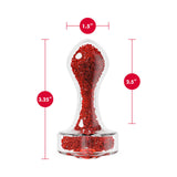 Oh My Gem Lustre Glass Anal Plug Red dimensions: 1.5" x 2.5" x 3.25" showcasing its gem-inspired design.