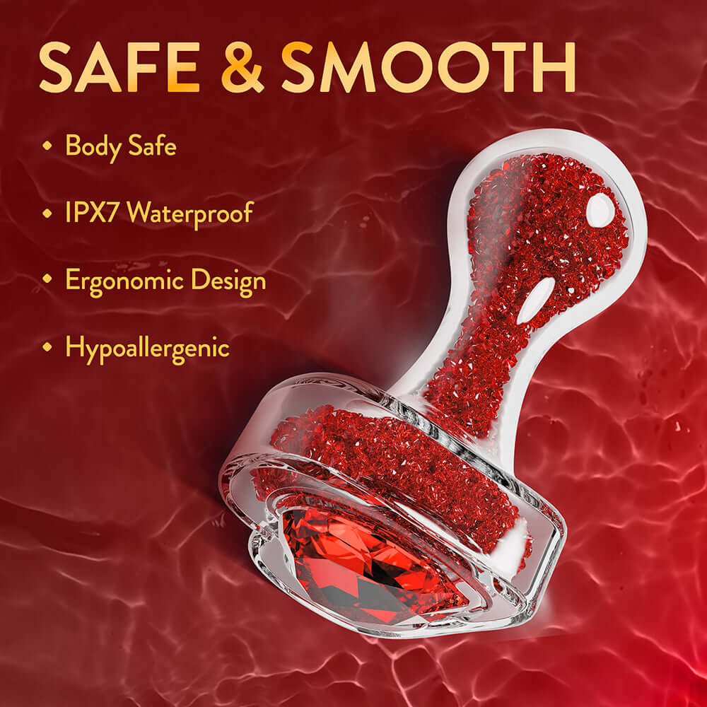 Oh My Gem Lustre Glass Anal Plug Red with red gem details, body safe and hypoallergenic, waterproof design.