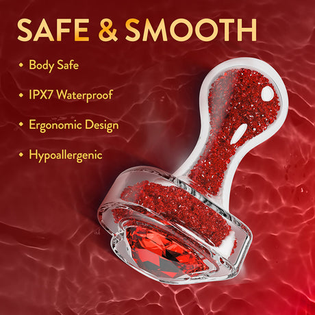 Oh My Gem Lustre Glass Anal Plug Red with red gem details, body safe and hypoallergenic, waterproof design.