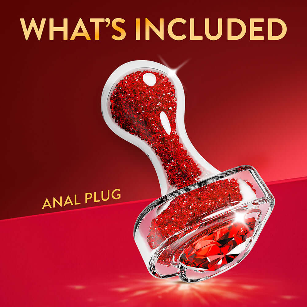Oh My Gem Lustre Glass Anal Plug Red showcasing luxurious red gem details against a vibrant background.