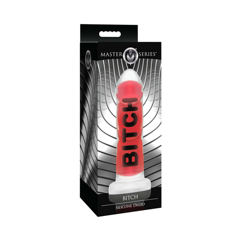 Master Series BITCH Silicone Dildo in packaging highlighting bold design for kink lovers.