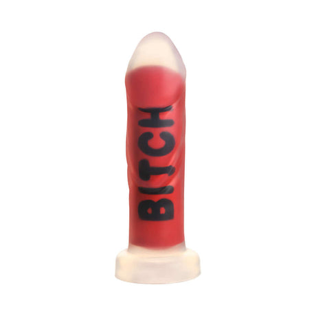 Master Series BITCH Silicone Dildo in red color with a thick build, perfect for intense pleasure and kink enthusiasts.