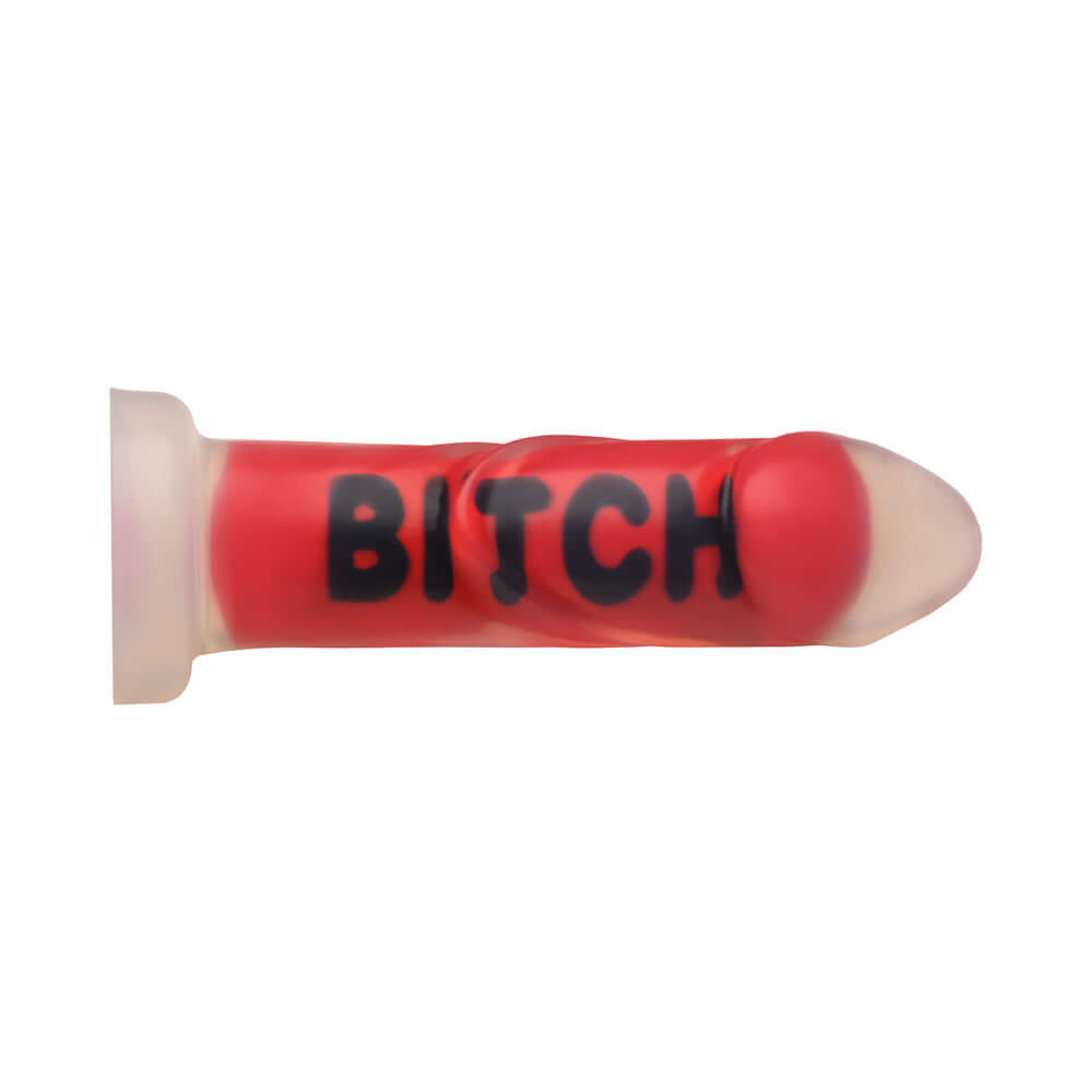 Master Series BITCH Silicone Dildo in red with bold lettering for intense pleasure and bold fantasies.