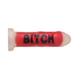 Master Series BITCH Silicone Dildo in red with bold lettering for intense pleasure and bold fantasies.