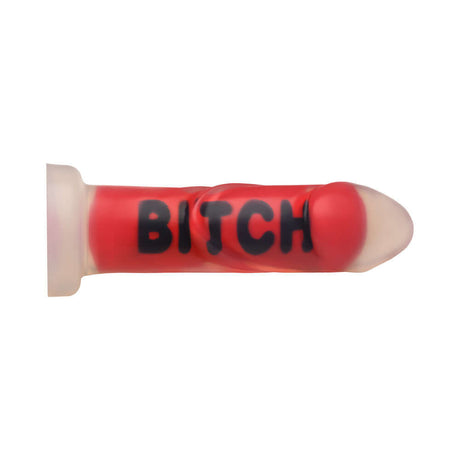 Master Series BITCH Silicone Dildo in red with bold lettering for intense pleasure and bold fantasies.