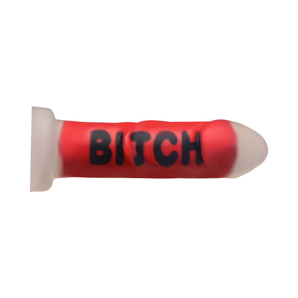Master Series BITCH Silicone Dildo in bold red color with black lettering for intense pleasure.