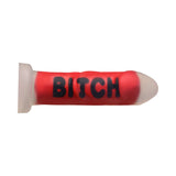 Master Series BITCH Silicone Dildo in bold red color with black lettering for intense pleasure.