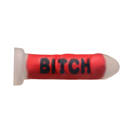 Master Series BITCH Silicone Dildo in bold red color with black lettering for intense pleasure.