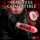 Master Series BITCH Silicone Dildo with harness compatibility and strong suction cup detail.