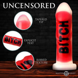 Master Series BITCH Silicone Dildo with tapered tip, explicit text, and ribbed texture.