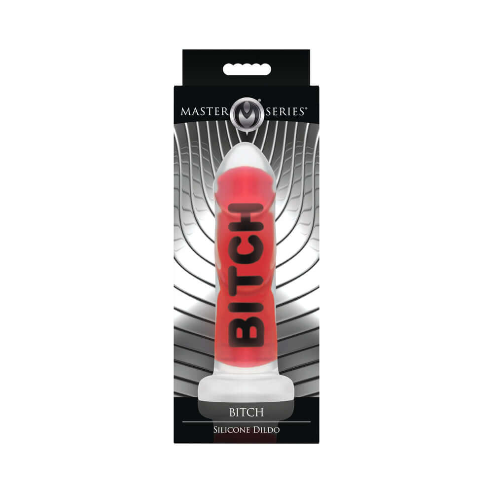 Master Series BITCH Silicone Dildo in packaging, featuring bold design and vibrant colors for intense pleasure.