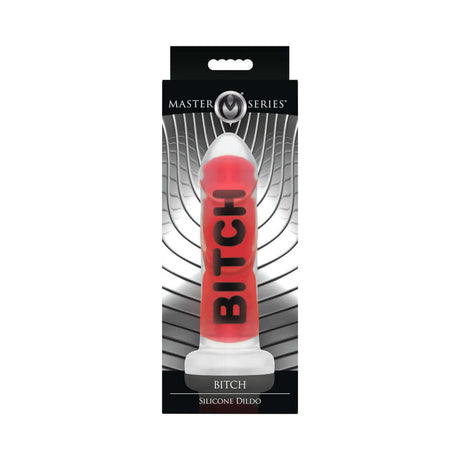 Master Series BITCH Silicone Dildo in packaging, featuring bold design and vibrant colors for intense pleasure.