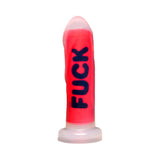 Master Series FUCK Silicone Dildo in vibrant pink with bold lettering for intense pleasure.