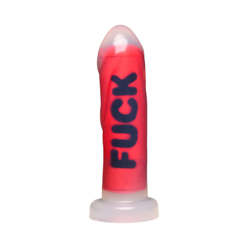 Master Series FUCK Silicone Dildo in red, showcasing its smooth surface and bold design for intense kink play.