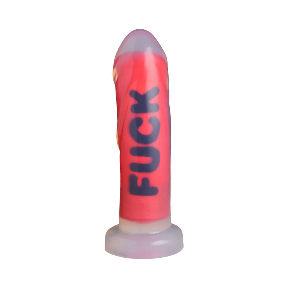 Master Series FUCK Silicone Dildo in red with bold lettering for intense kink play and pleasure.