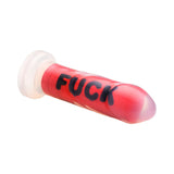 Master Series FUCK Silicone Dildo in red with black lettering, designed for intense kink play.