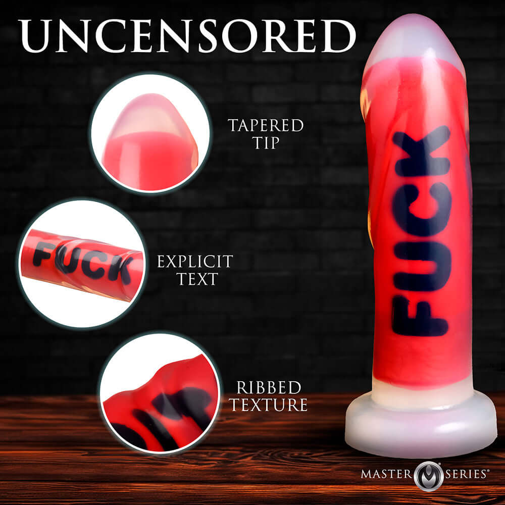 Master Series FUCK Silicone Dildo showcasing tapered tip, explicit text, and ribbed texture.