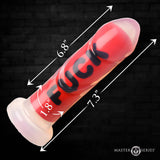 Master Series FUCK Silicone Dildo in red, showing dimensions of 6.8 inches length and 1.8 inches width.