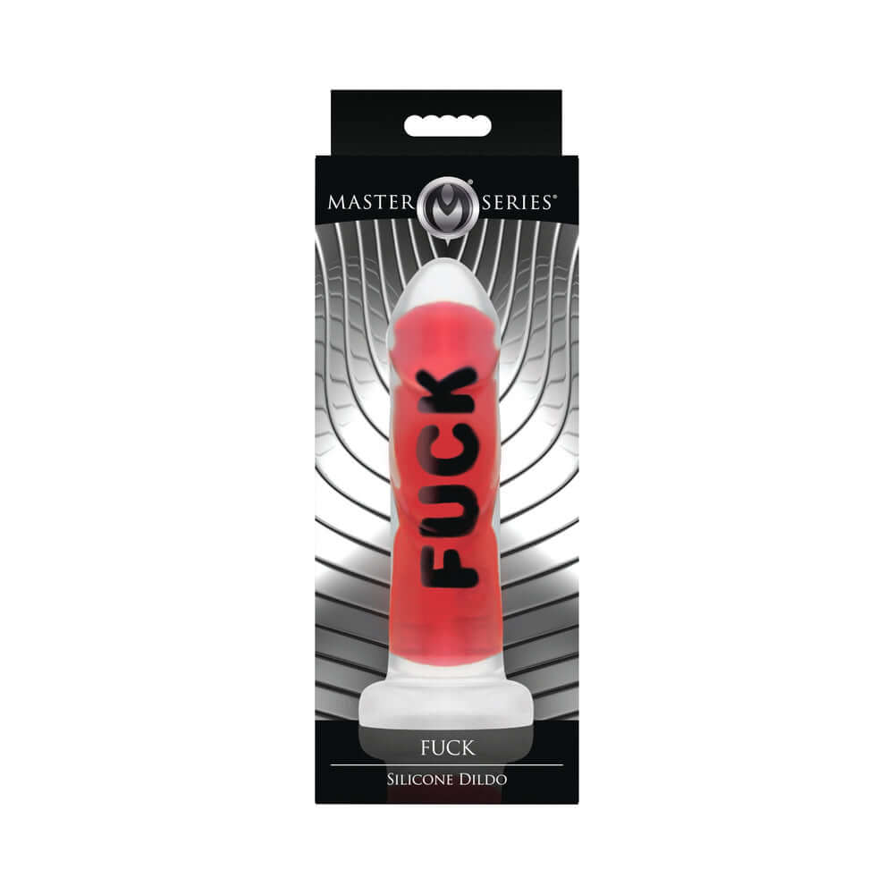 Master Series FUCK Silicone Dildo in packaging showcasing its bold design and vibrant color.