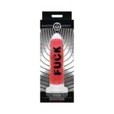 Master Series FUCK Silicone Dildo in packaging showcasing its bold design and vibrant color.