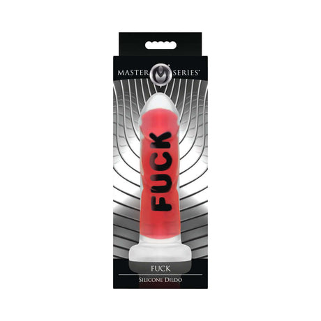 Master Series FUCK Silicone Dildo in packaging showcasing its bold design and vibrant color.
