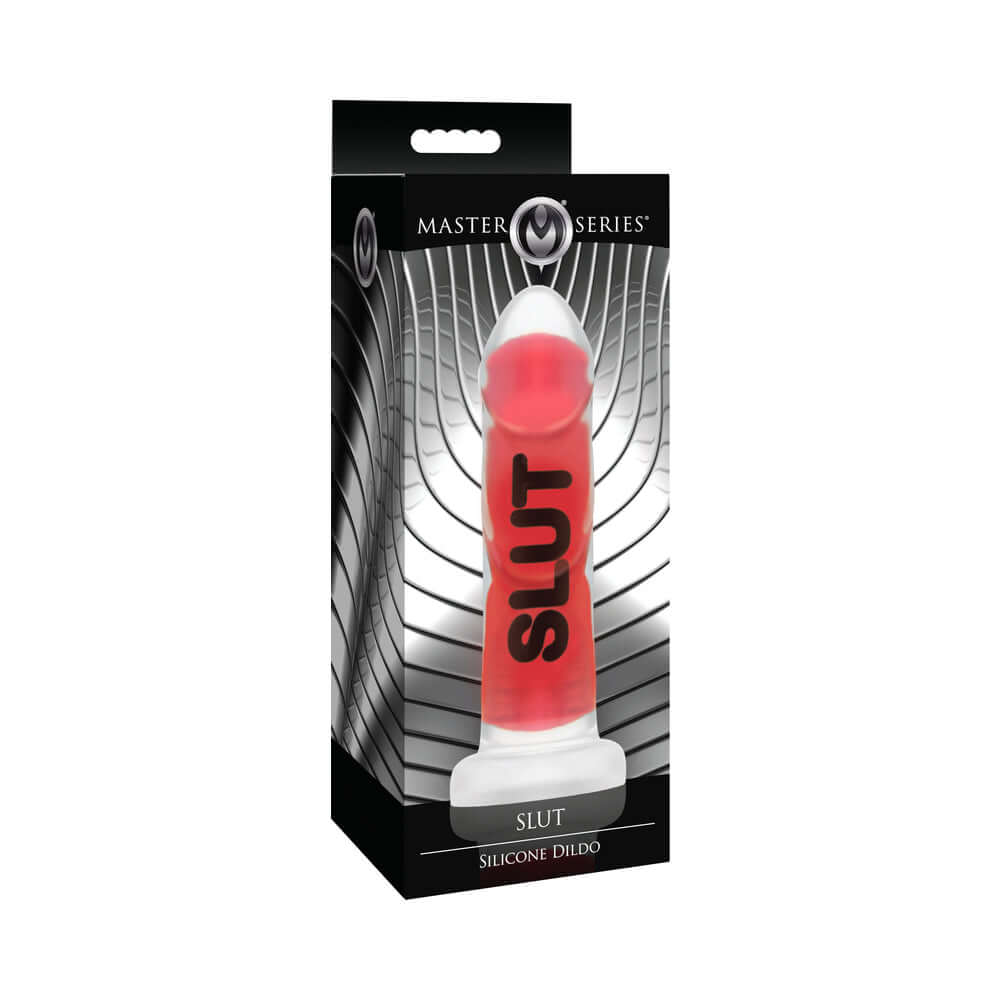 Master Series SLUT Silicone Dildo packaging with bold 'SLUT' label for kink exploration.