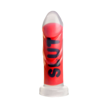 Master Series SLUT Silicone Dildo in vibrant red featuring the word SLUT, showcasing its unique design and premium quality.