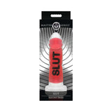 Master Series SLUT Silicone Dildo in red packaging, designed for intense pleasure and erotic exploration.