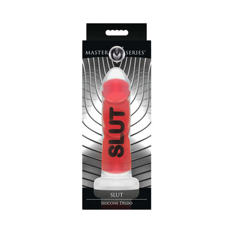 Master Series SLUT Silicone Dildo in red packaging, designed for intense pleasure and erotic exploration.