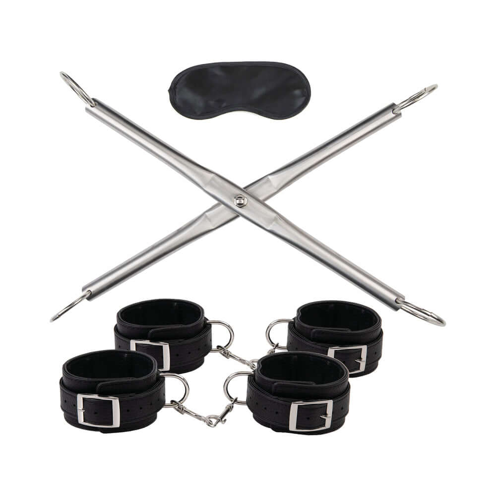 Lux Fetish Hog-Tie Spreader Bar with Detachable Wrist & Ankle Cuffs including cuffs and eye mask.