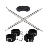 Lux Fetish Hog-Tie Spreader Bar with Detachable Wrist & Ankle Cuffs including cuffs and eye mask.