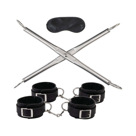 Lux Fetish Hog-Tie Spreader Bar with Detachable Wrist & Ankle Cuffs including cuffs and eye mask.