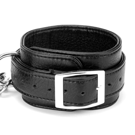 Lux Fetish Hog-Tie Spreader Bar with Detachable Wrist & Ankle Cuffs close-up of black leather wrist cuff.