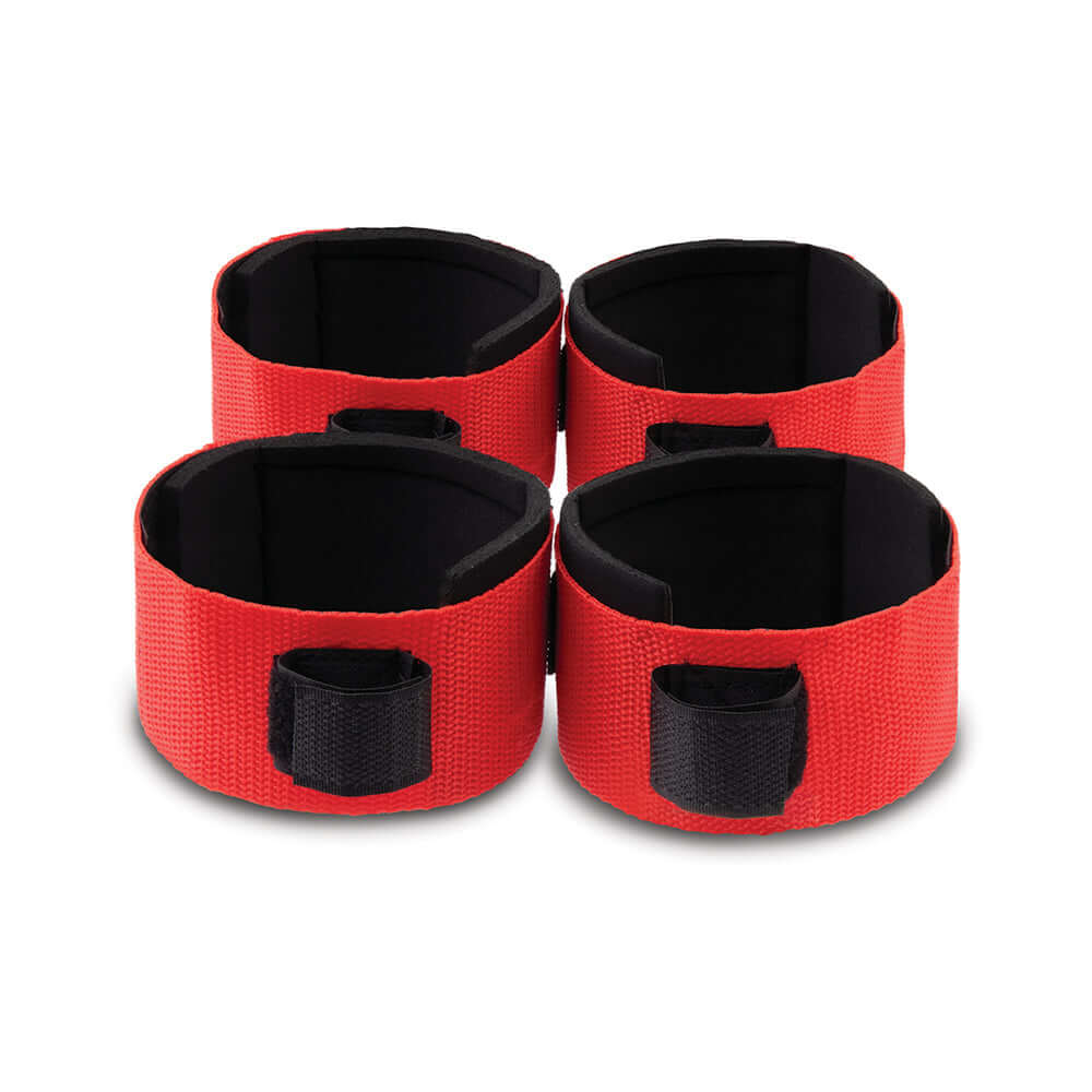 Lux Fetish Webbed Up Bedspreader Restraint System red cuffs for secure bondage play.
