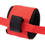 Close-up of the Lux Fetish Webbed Up Bedspreader Restraint System strap in red fabric.