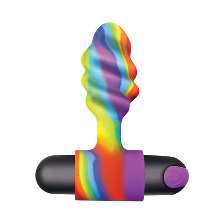 BANG Vibrating Rainbow Butt Plug showcasing a corkscrew design in vibrant rainbow colors with a wireless bullet.