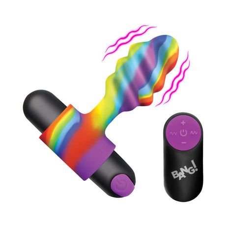 BANG Vibrating Rainbow Butt Plug featuring a colorful corkscrew design and remote control for customizable pleasure.