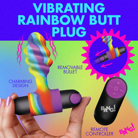 BANG Vibrating Rainbow Butt Plug showcasing its colorful design and remote control for customizable sensations.