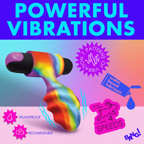 BANG Vibrating Rainbow Butt Plug showcasing powerful vibrations and splashproof, rechargeable features.