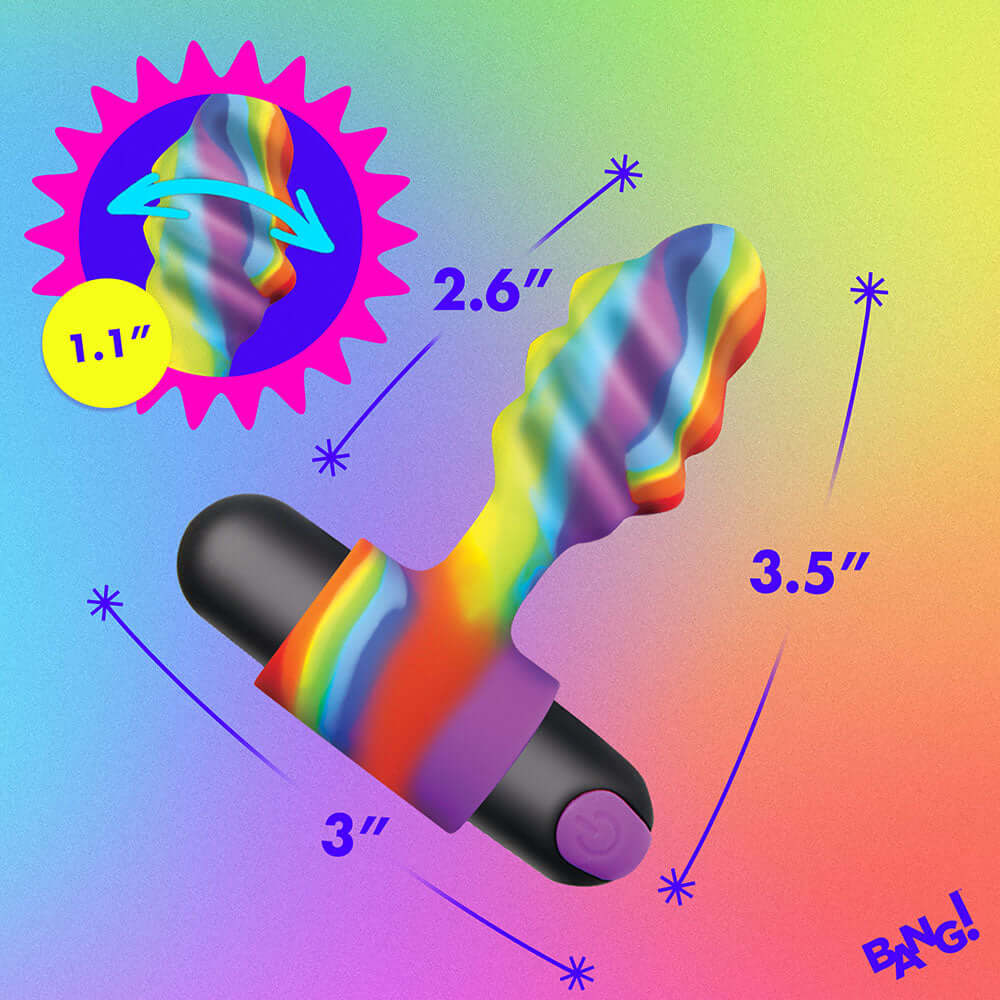 BANG Vibrating Rainbow Butt Plug dimensions illustration showcasing its unique design and vibrant colors.