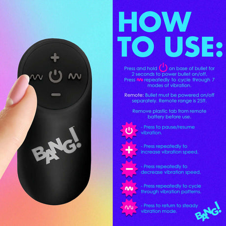 Instructions for BANG Vibrating Rainbow Butt Plug remote control operation and vibration settings.
