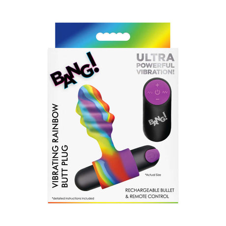 BANG Vibrating Rainbow Butt Plug packaging showing vibrant colors and wireless bullet vibrator.
