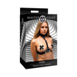 Master Series Vixen Chest Harness Black packaging showcasing a female model wearing a stylish chest harness.