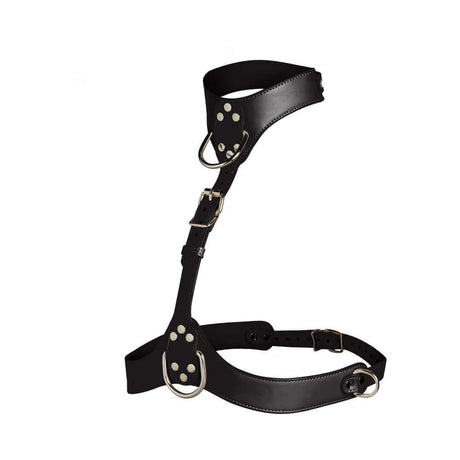 Master Series Vixen Chest Harness Black showcasing sleek vegan leather design with silver accents and adjustable straps.