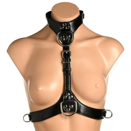 Master Series Vixen Chest Harness Black displayed on a mannequin, featuring durable vegan leather and bold design.