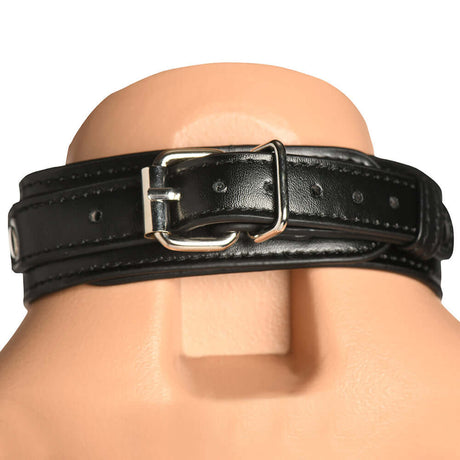 Master Series Vixen Chest Harness Black made from vegan leather, showcasing a stylish buckle closure.
