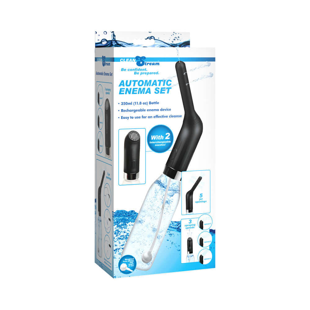 CleanStream Automatic Enema Set packaging showcasing features and portable design for effective cleansing.