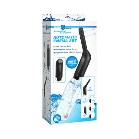 CleanStream Automatic Enema Set packaging showcasing features and portable design for effective cleansing.