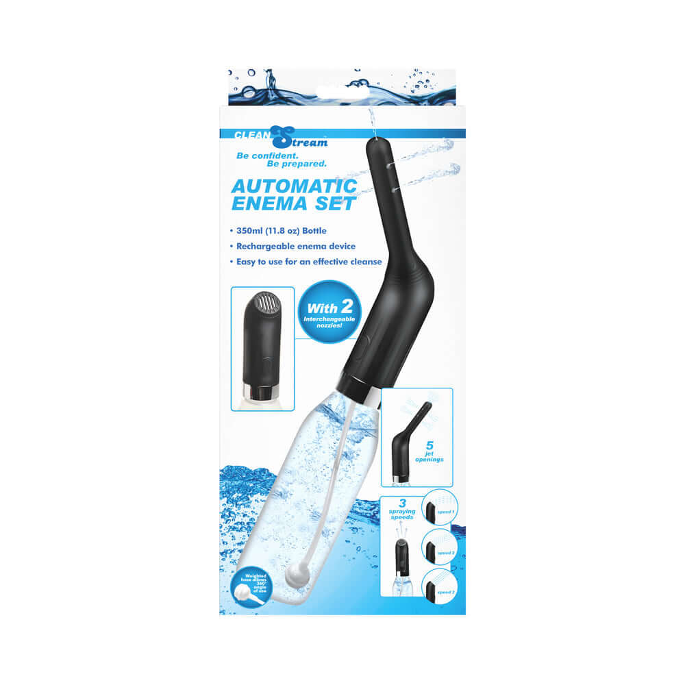 CleanStream Automatic Enema Set packaging showcasing the 350 ml bottle and rechargeable device for effective cleansing.